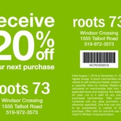 Coupon for: Crossing Premium Outlets - Recieve 20% off your next purchase at Roots 73