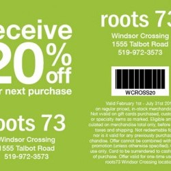 Coupon for: Windsor Crossing Premium Outlets - Roots 73 - receive 20% off from your next purchase.