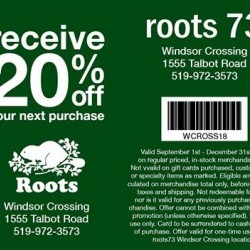 Coupon for: Windsor Crossing Premium Outlets - Roots - receive 20% off your next purchase. 